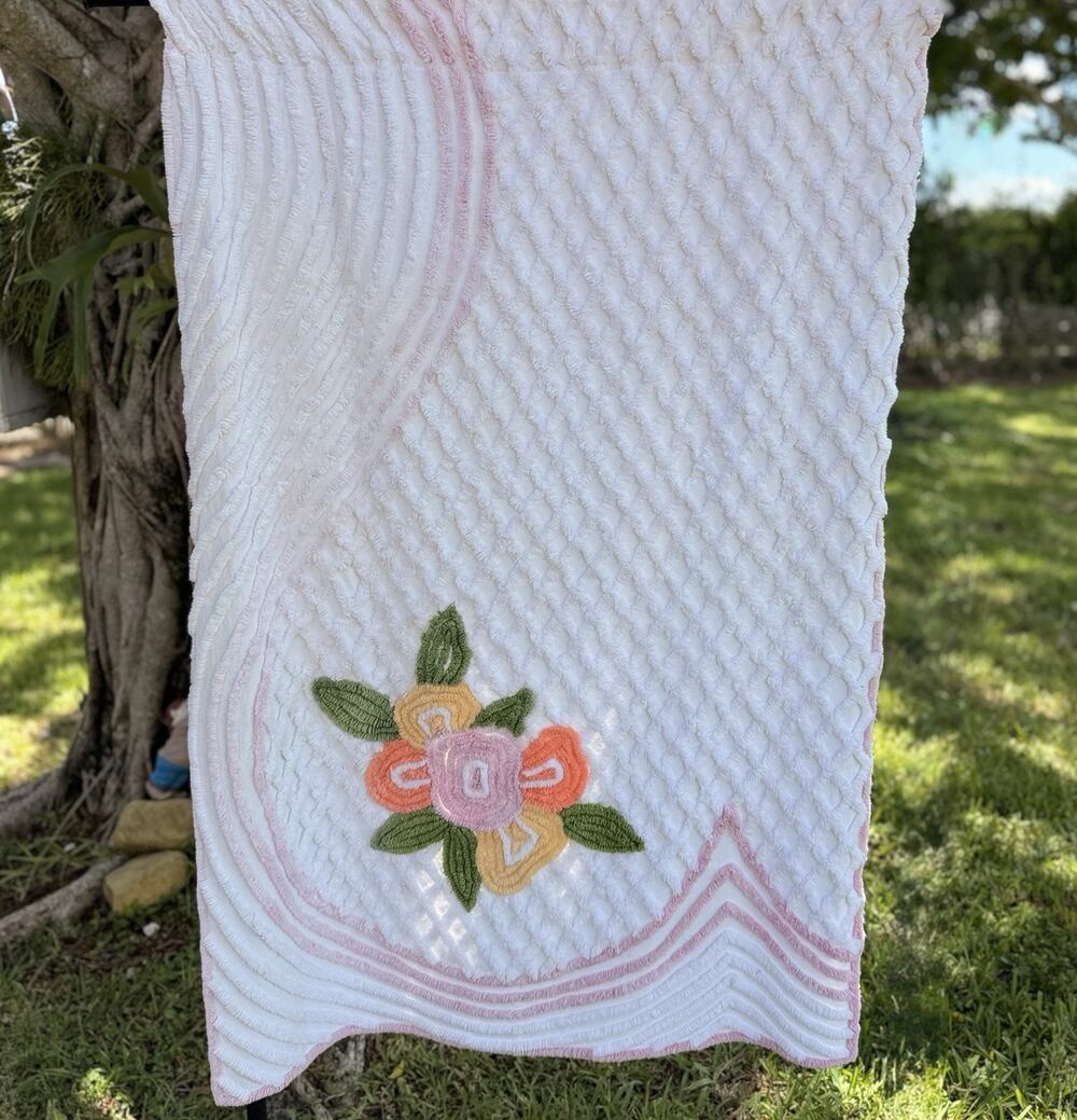 Vtg Chenille Baby Crib Blanket 32x50 Floral Pink Green Tufted Throw Shabby Chic